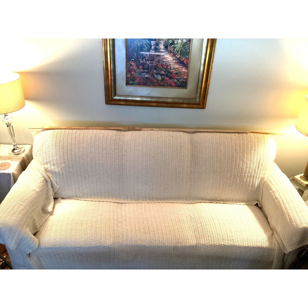 Hand Made Knitted Sofa Cover with arm covers.  Fits Large sofa 43"  Cream color
